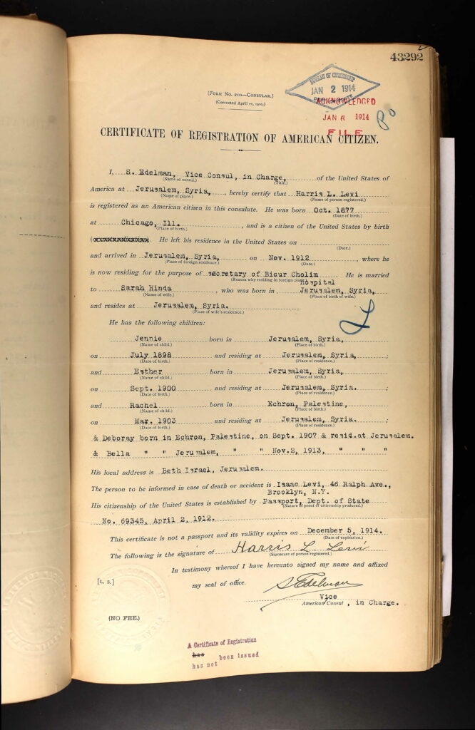 Certificate of Registration of American Citizen for Harris L. Levi, 1914