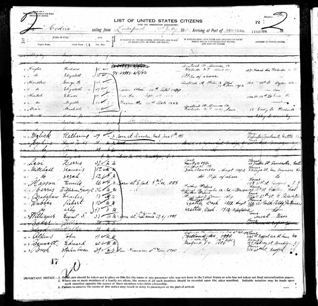 Manifest for Harris L. Levi on the Cedric, 1914