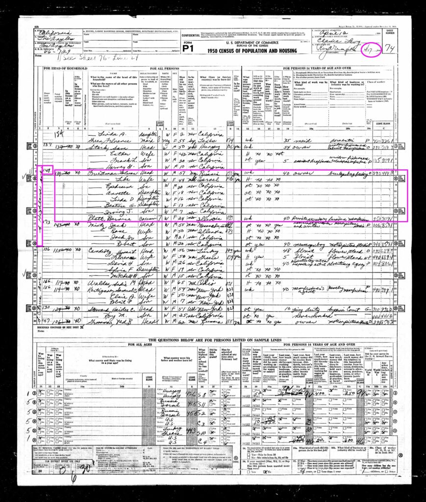 1950 Federal census showing Friedman family, including Linda Friedman