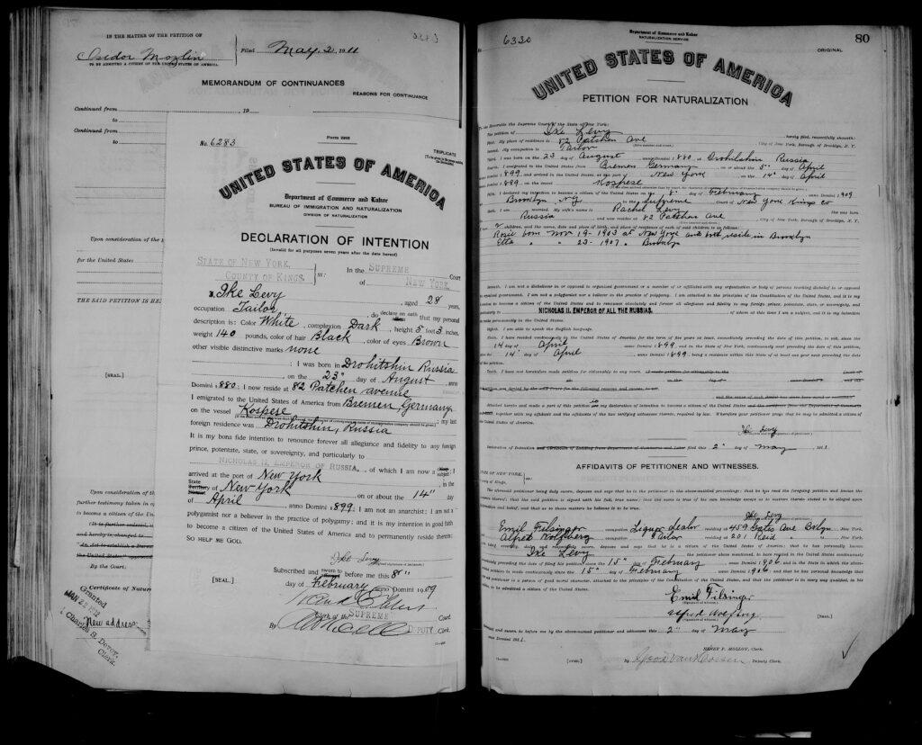 Declaration of Intention and Petition for Naturalization for Ike Levy