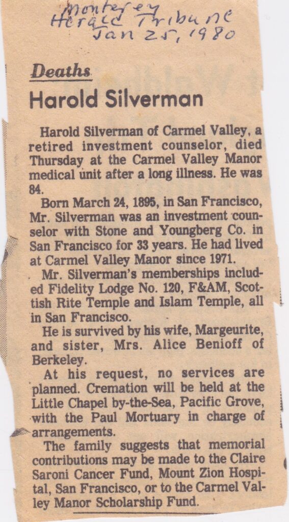 Obituary of Harold Silverman - 1980