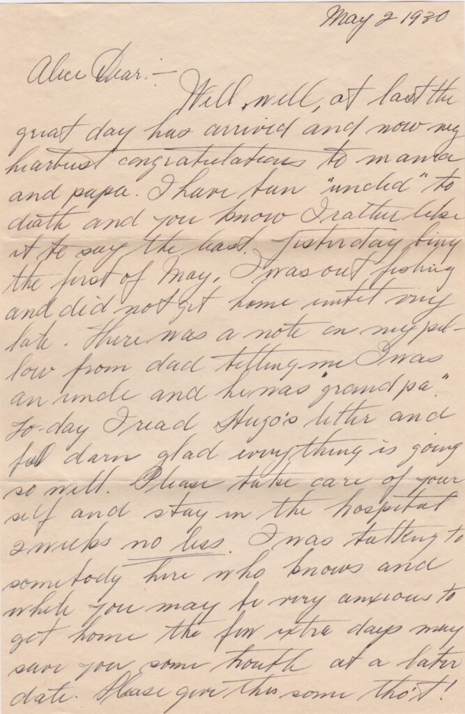 Letter from Harold to his sister Alice on the occasion of the birth of her first child Paul Antony Benioff. May 2, 1930. Page 1