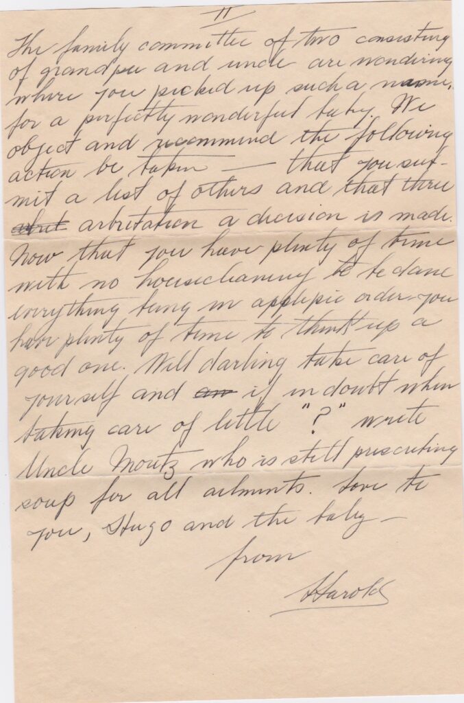 Letter from Harold to his sister Alice on the occasion of the birth of her first child Paul Antony Benioff. May 2, 1930. Page 2