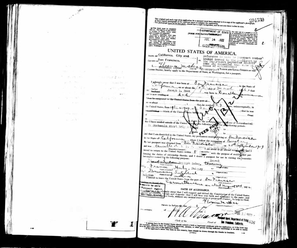 Florence Hess's Passport - 1922