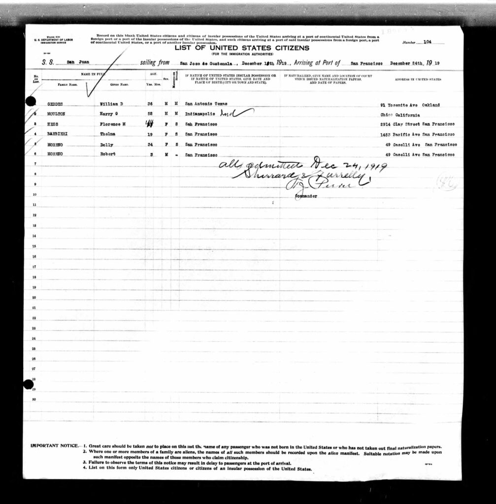 Ship Manifest for Florence Hess- Guatemala to San Francisco, Dec 24 1919, on the S.S. San Juan