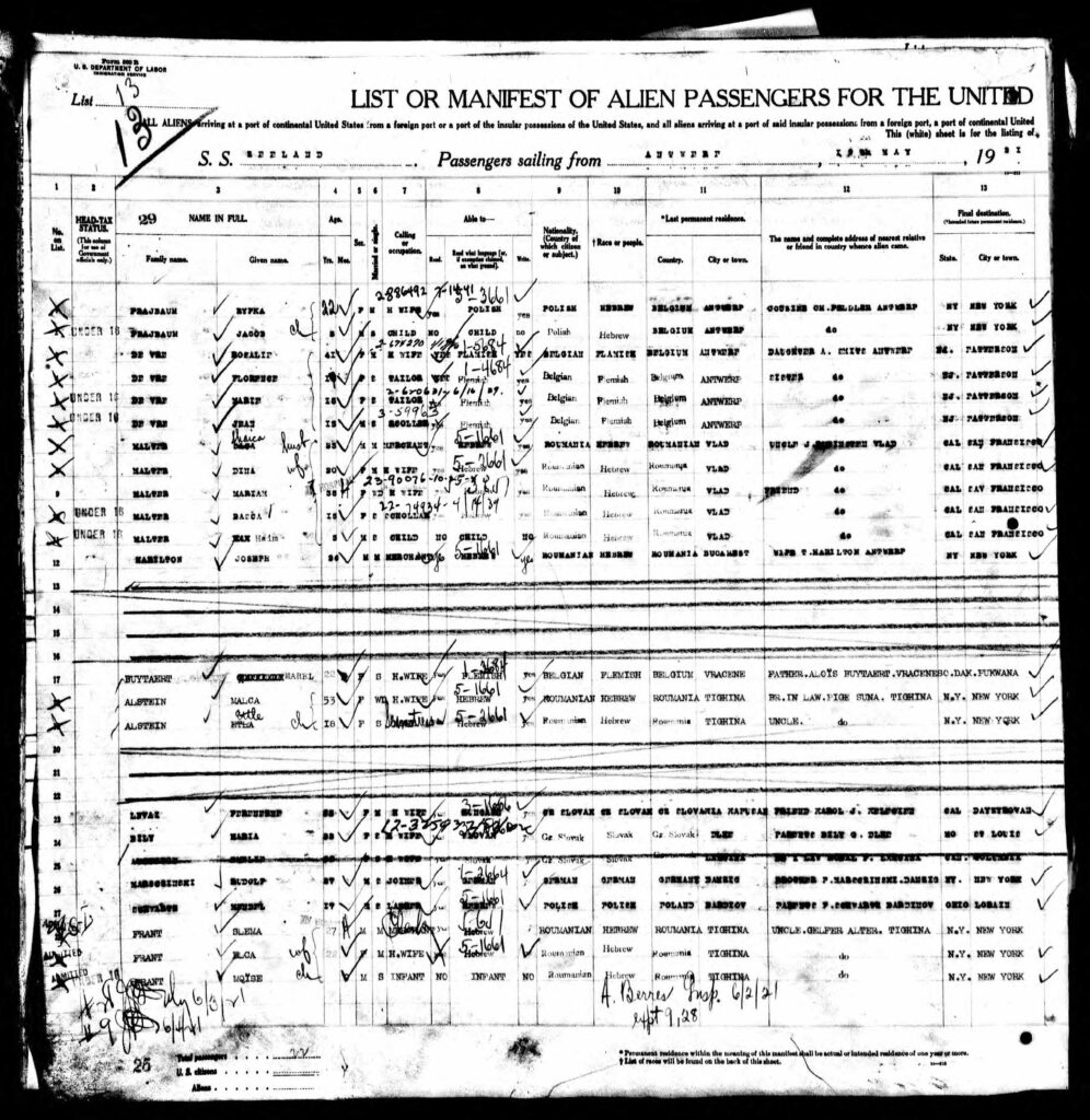 Ship Manifest for Bassya Maltzer and family, Zeeland, 1921