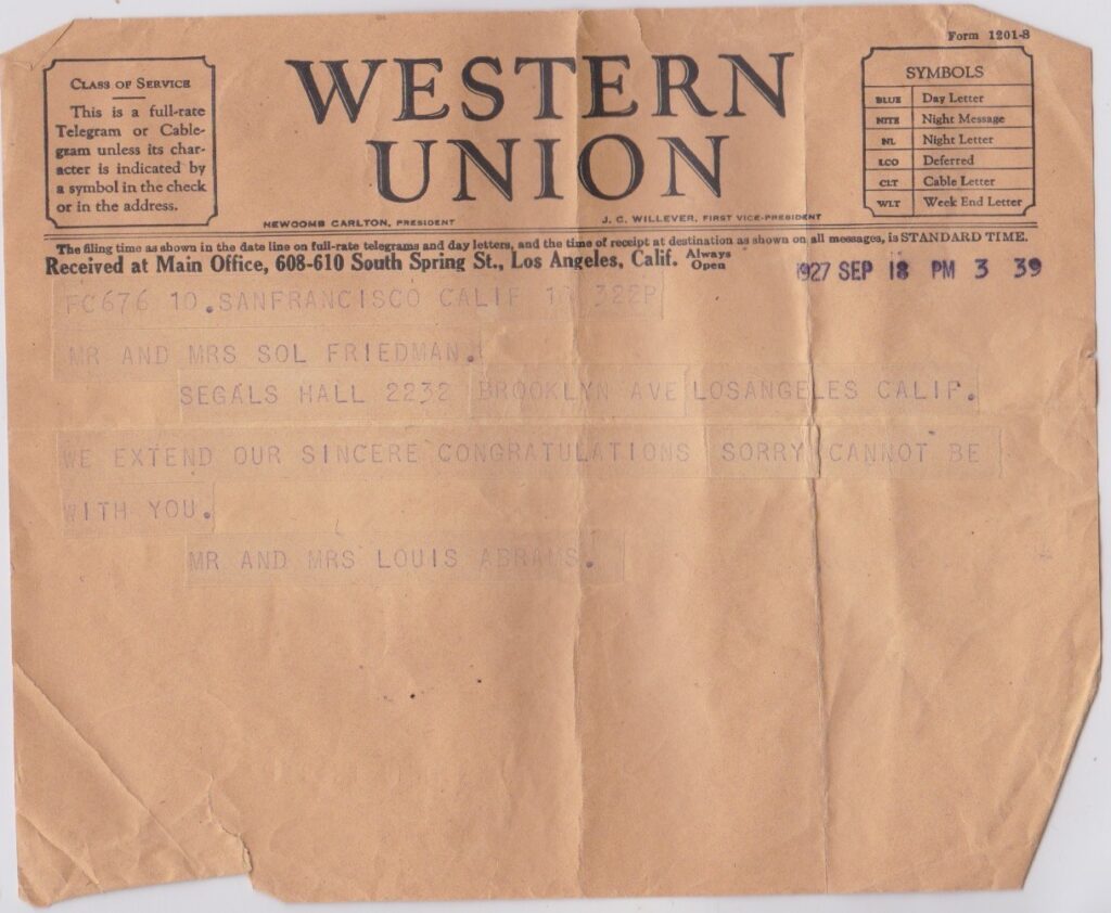 Western Union Telegram to Sol and Libe Friedman in congratulations for their marriage - 1927