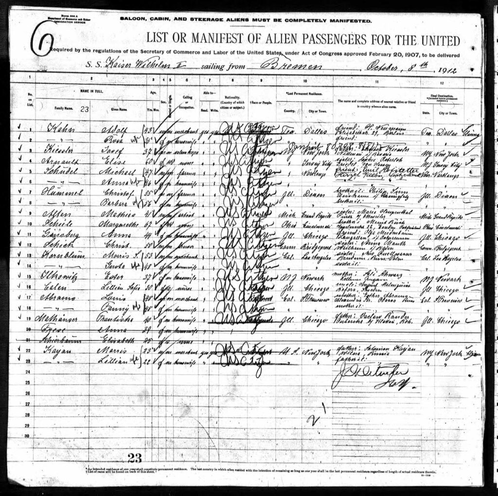 Ship Manifest of Louis Abrams and his wife Fanny (lines 17, 18) on the Kaiser Wilhelm I, sailing from Bremen to NY on October 8th, 1912.