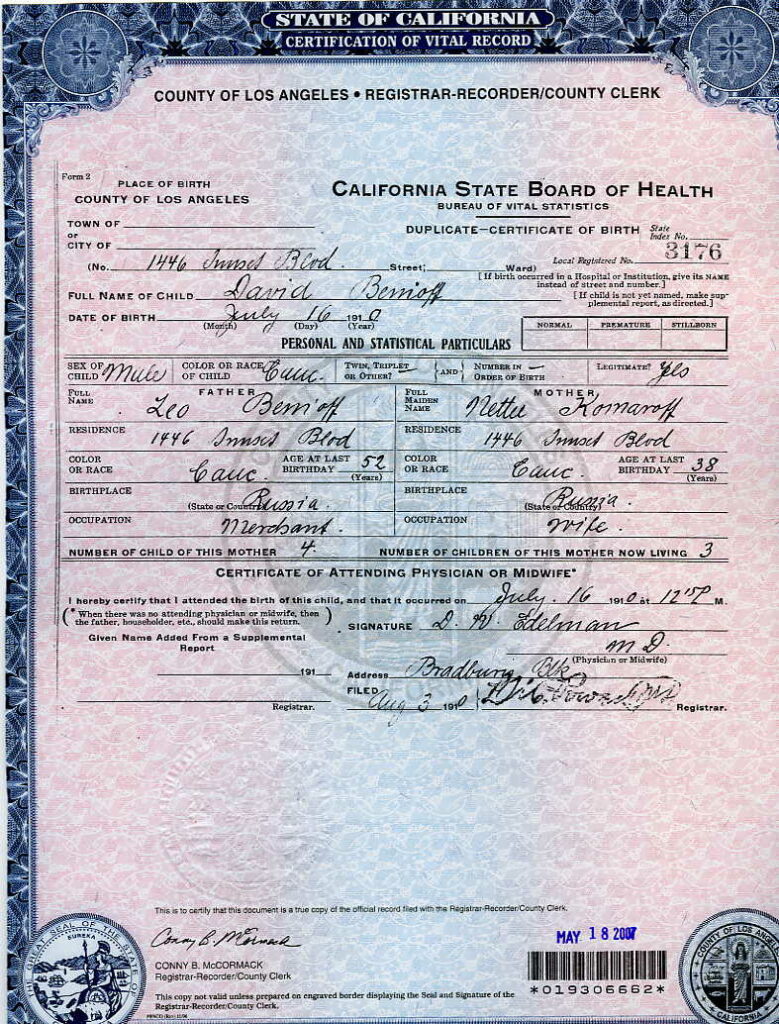 David Benioff's California Birth Certificate - 1910