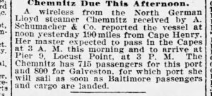 Chemnitz Due This Afternoon - ship arriving in Baltimore at 3 P.M. on July 30, 1913