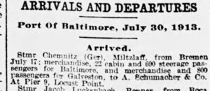 Arrivals And Departures - Port of Baltimore, July 30, 1913 - Chemnitz arrives in Baltimore