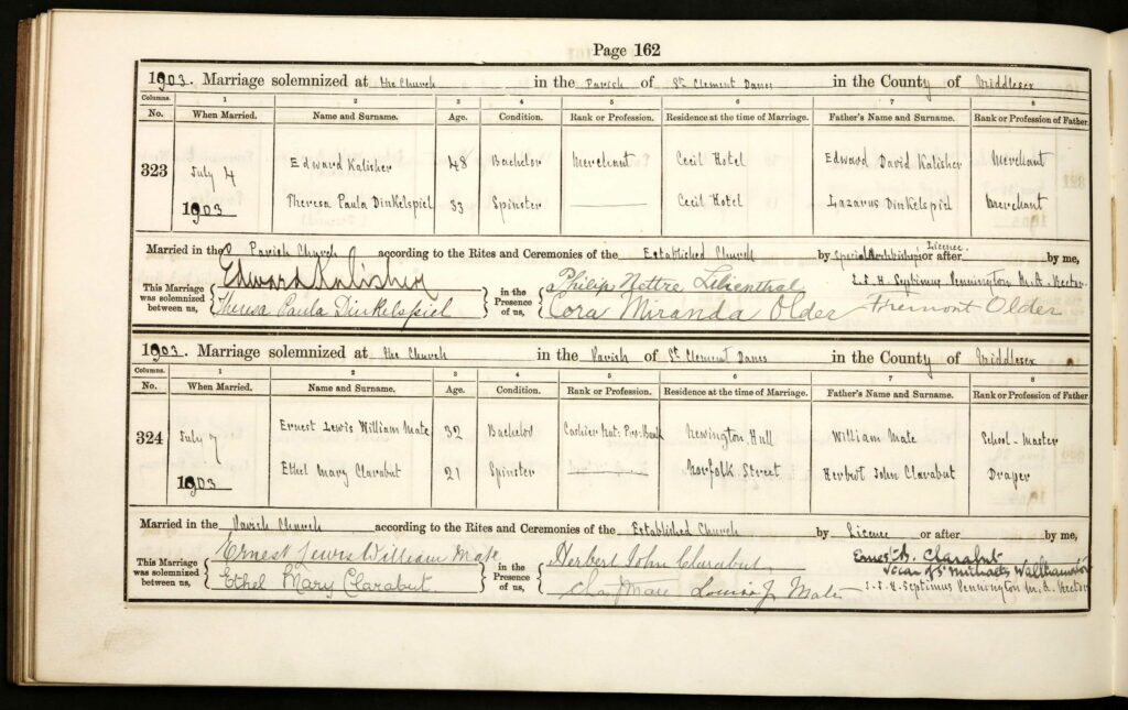 Marriage Document for Edward Kalisher and Theresa Paula Dinkelspiel (Betty's Parents)- 1903