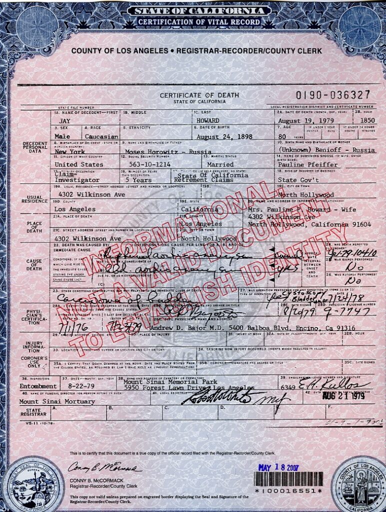 Death Certificate of Jacob Horowitz, aka Jay Howard in 1919