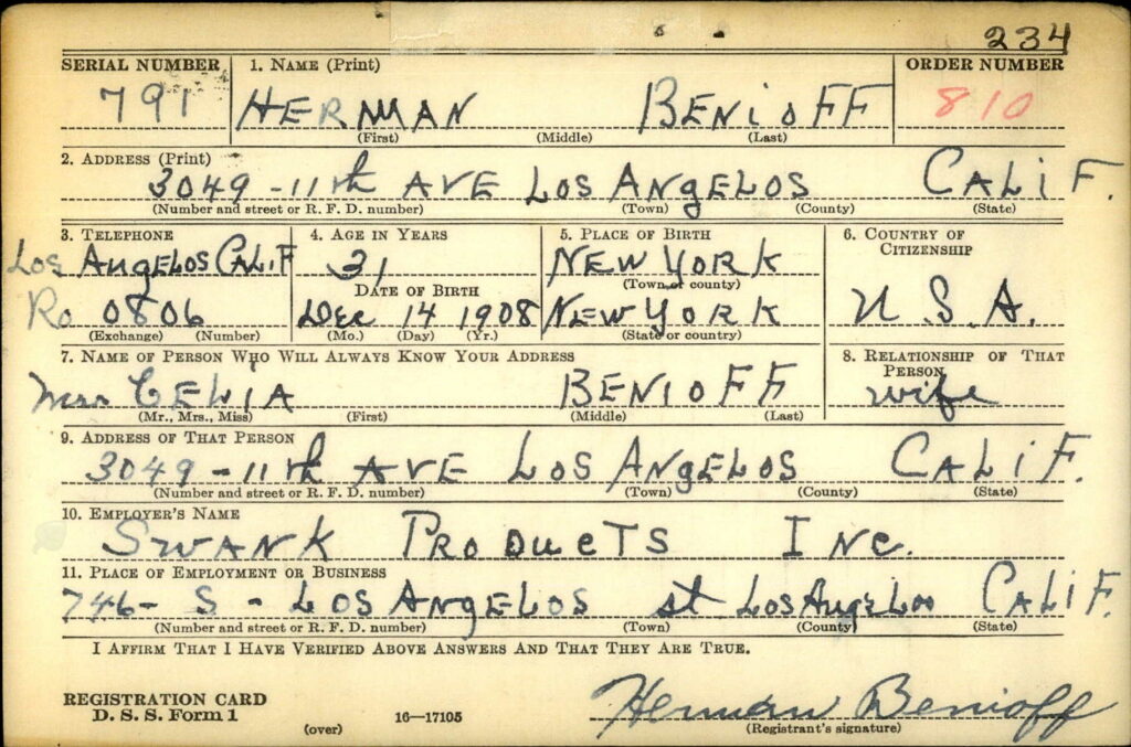 Hyman (Herman) Benioff's Draft Card