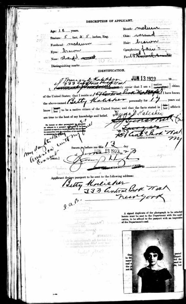 Passport Application for Betty Kalisher page 2- 1923