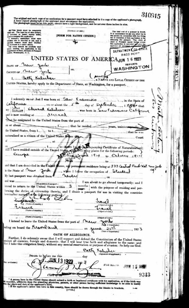 Passport Application for Betty Kalisher page 1 - 1923