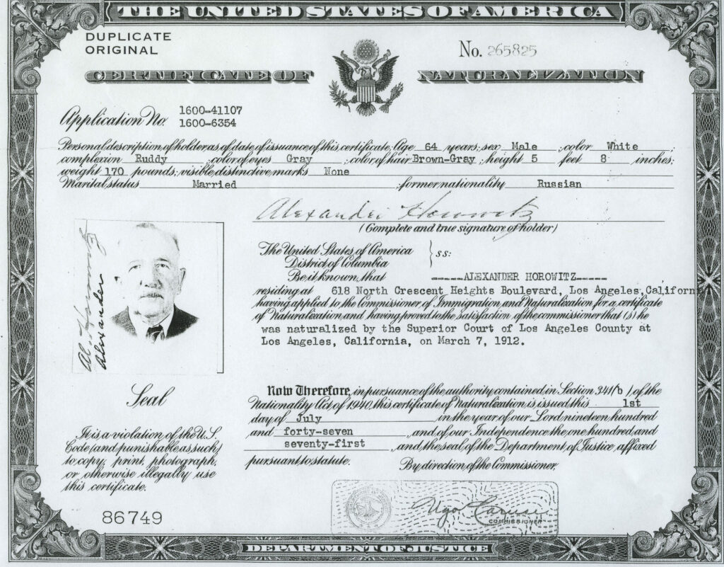 Naturalization Certificate of Al Horowitz - 1912 p 2