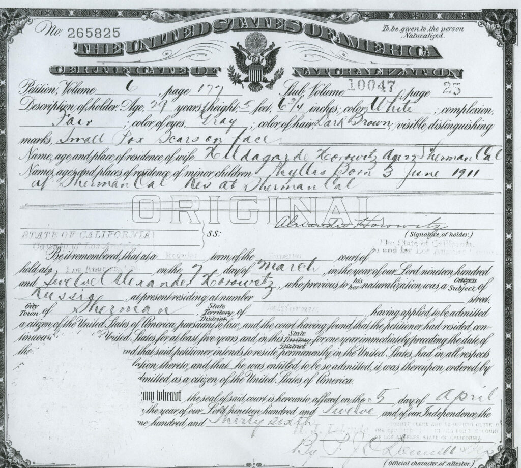 Naturalization Certificate of Al Horowitz - 1912