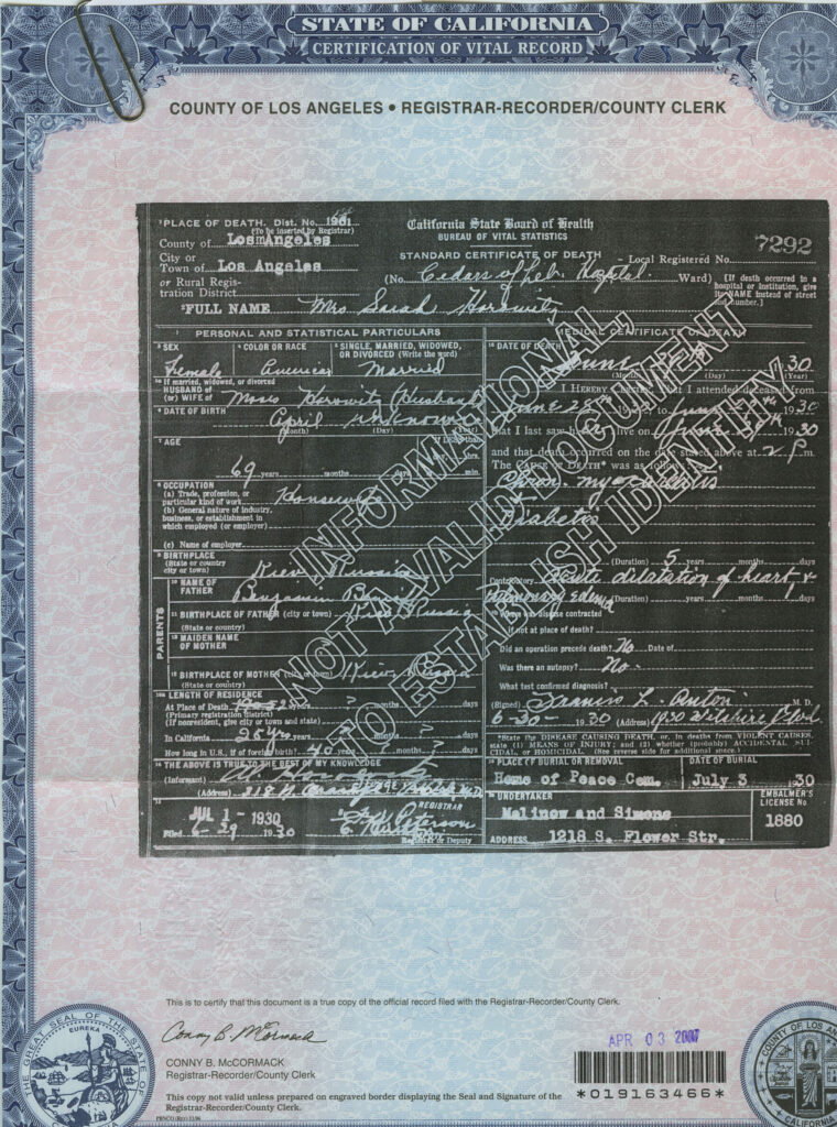 Death Certificate of Sarah Benioff Horowitz - 1930