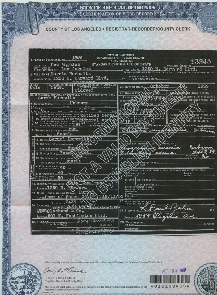 Death Certificate of Morris Horowitz - 1939