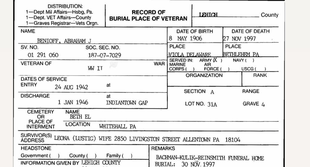 Record of Burial Place of Veteran for Abraham Benioff - 1997