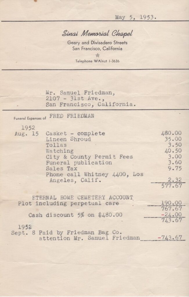 Funeral bill for Fred Friedman's Funeral - 1953