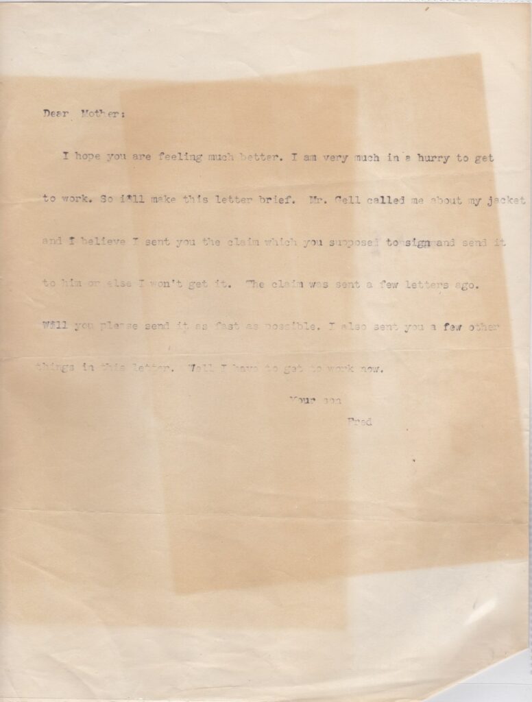 Letter from Fred Friedman to his mother Clara.