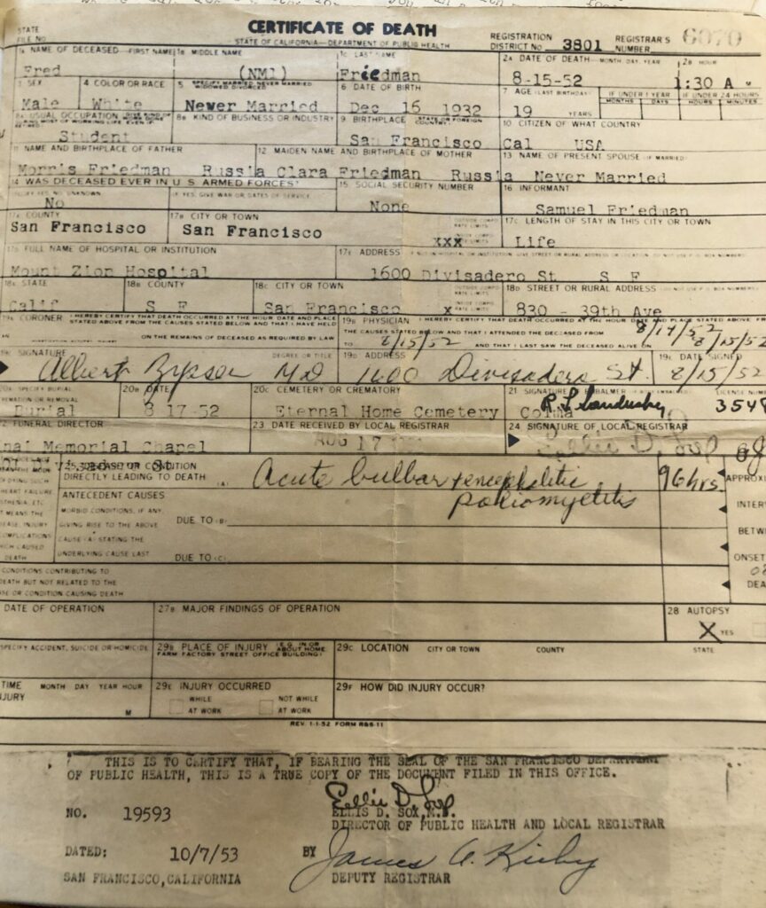 Death Certificate of Fred Friedman - 1952