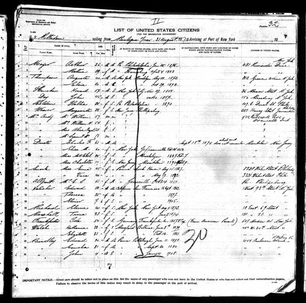 The Ship Manifest showing the journey of Betty Kalisher (age 7) and her parents Edward and Theresa out of war torn Europe, back to NY - 1914 (see lines 30-32)