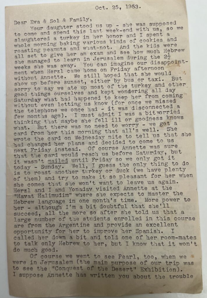 Letter from Bella Lipson Fraidlin to her sister Eva (Libe) Lipson Friedman and Family - October 25, 1953