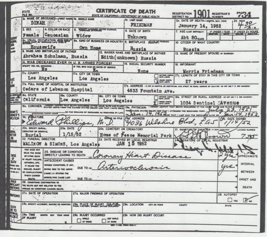 Death Certificate of Dina Shulman Friedman - 1952