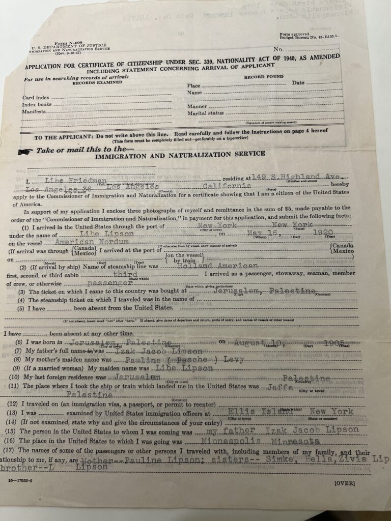 Application for Certificate of Citizenship for Libe Lipson Friedman - page 1