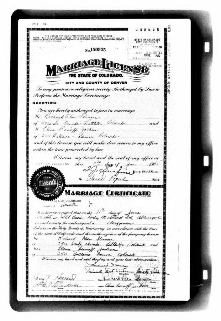 Marriage Certificate - Elena Benioff Jackson and Richard Alan Slusser in 1965