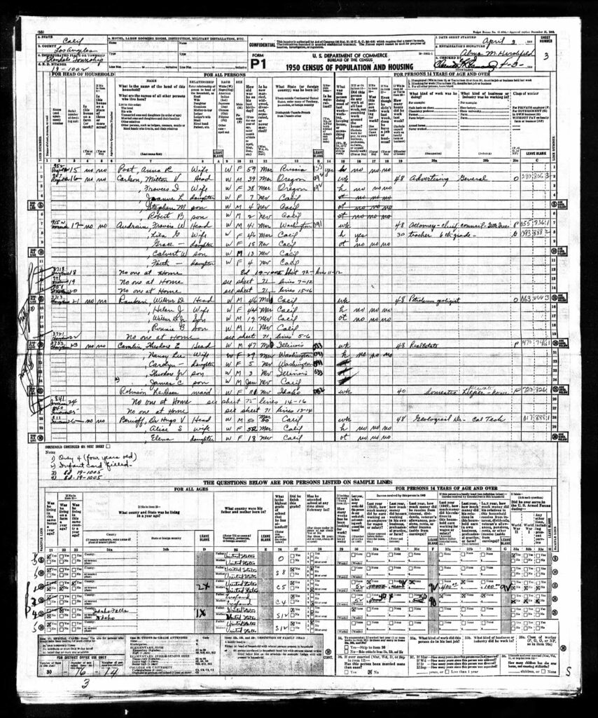 Hugo Benioff, Alice Silverman Benioff and Elena Benioff in the 1950 Census in Los Angeles, CA