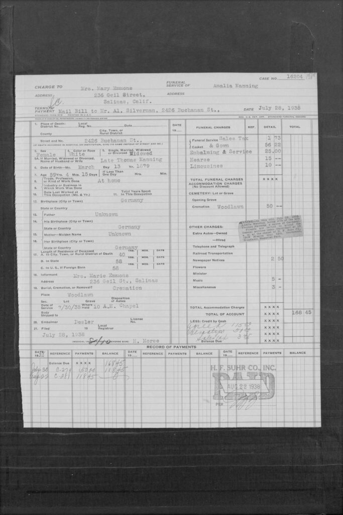 Funeral Home record for Amalia Manning - 1938