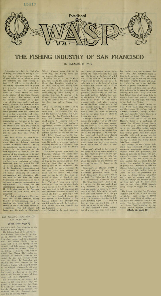 The Fishing Industry of San Francisco, article by Eleanor D. Stoy Jan 1917