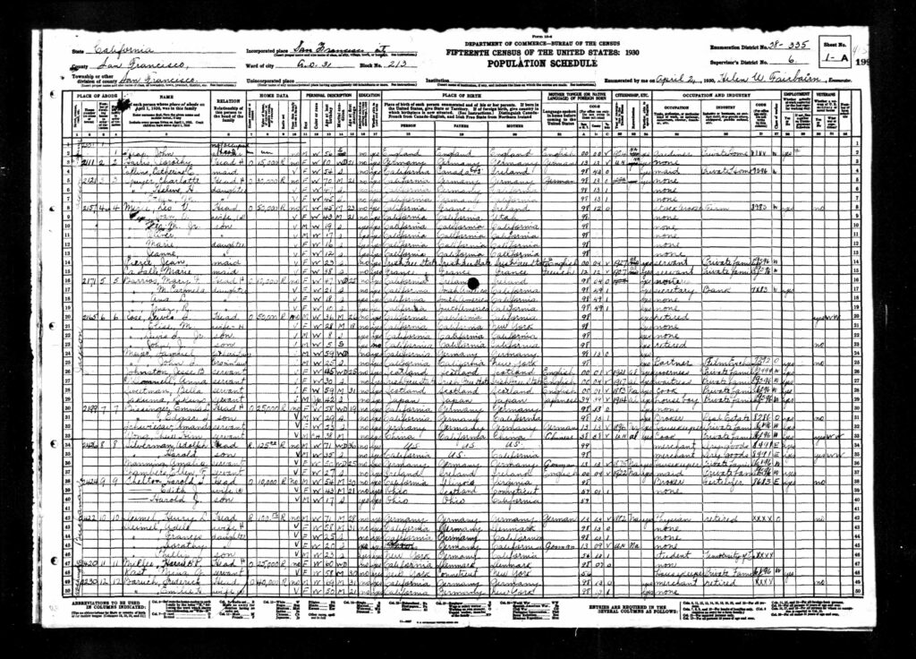 1930 San Francisco Census showing Mollie Manning living with Harold and Adolph Silverman at 2426 Buchanan St. See Row 36