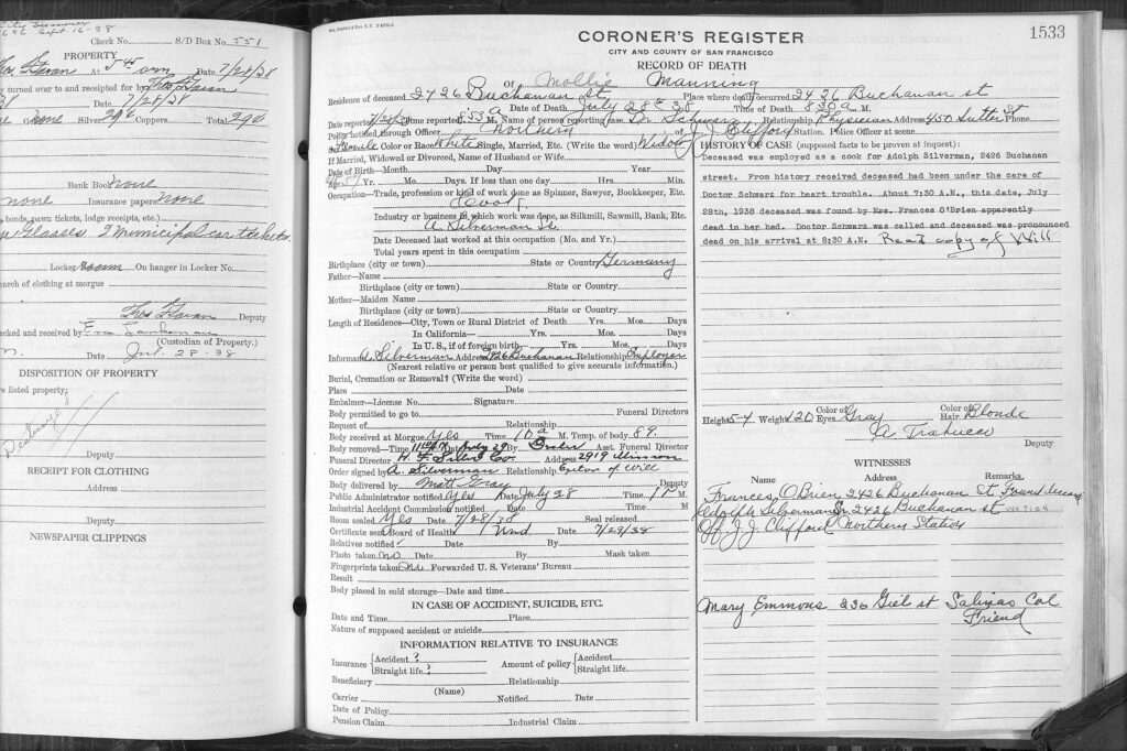 Coroner's Register for Mollie Manning - 1938 page 1