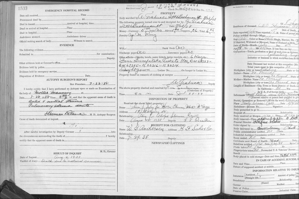 Coroner's Register for Mollie Manning - 1938 page 2