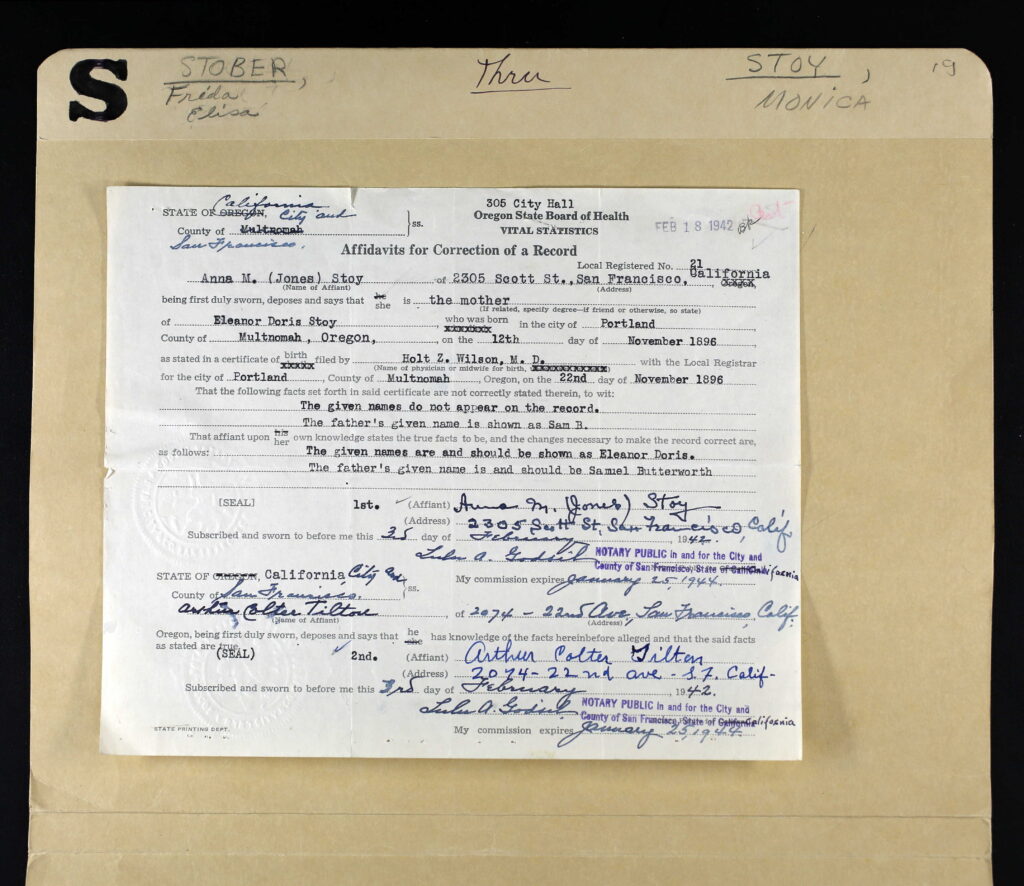 Birth Certificate Amendment for Eleanor D. Stoy - 1942