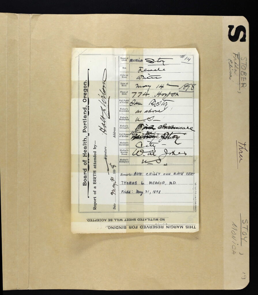 Birth Certificate of Monica Stoy - 1898