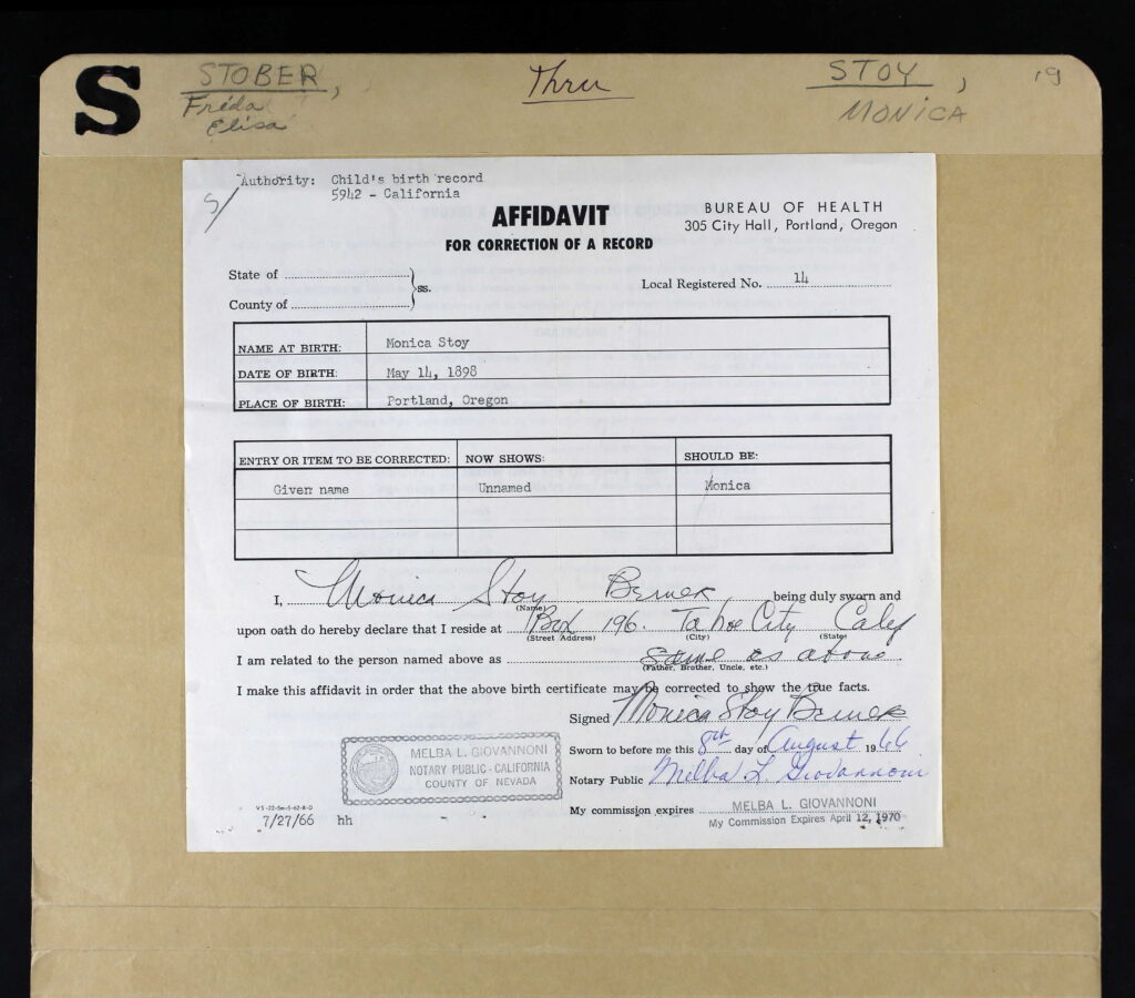 Birth Certificate Amendment for Monica Stoy - 1966