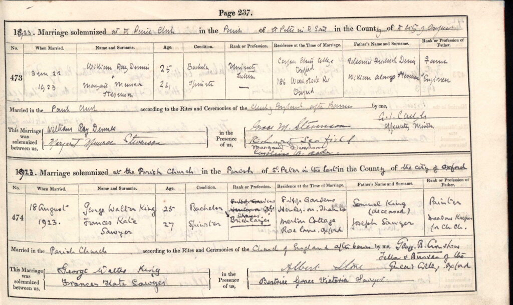 Marriage Document of Will Dennes and Margaret Stevenson in 1923