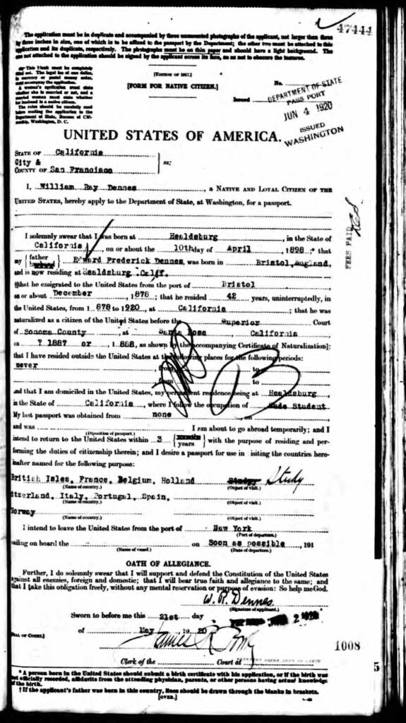 Passport Application for William Dennes _ page 1