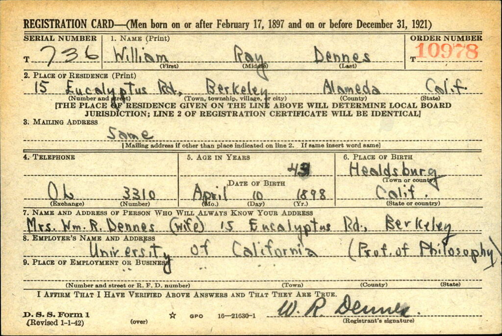 Will Dennes' WW II Draft Registration