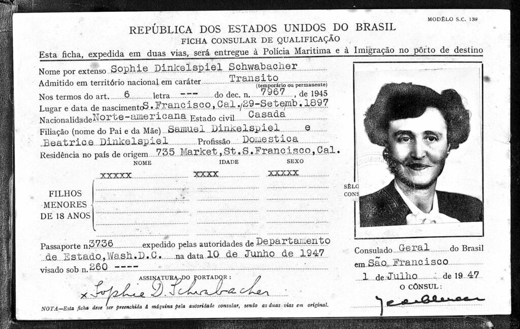 Sophie Dinkelspiel Schwabacher's Immigration card for Brazil - 1947