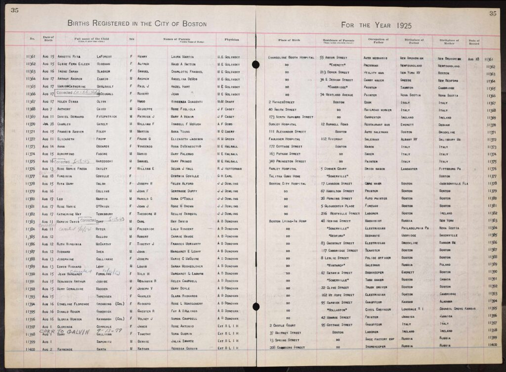 Birth Record for Edwin Richard Levy, son of Louis and Sarah Levy - 1925 in Boston.