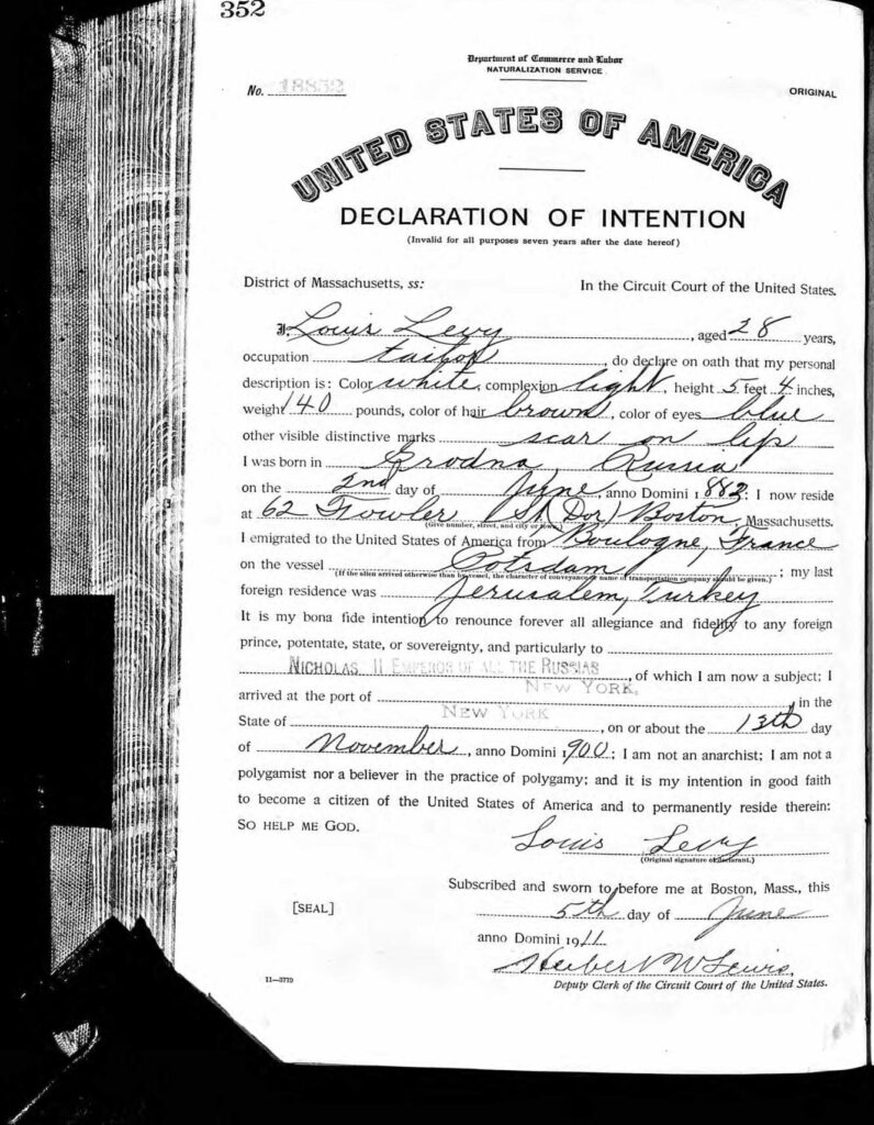 Declaration of Intention (Naturalization Record) for Eliezer or Louis Levy - 1911