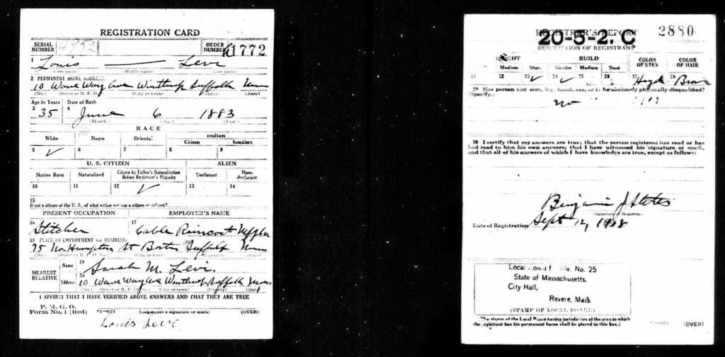 WWI Draft Registration for Louis Levi - 1918 - living at 10 Wave Way Ave. in Winthrop, MA.