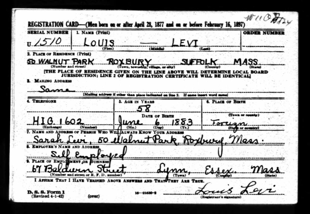 WWII Draft Registration for Louis Levi, living at 50 Walnut Park in Roxbury, MA_1942